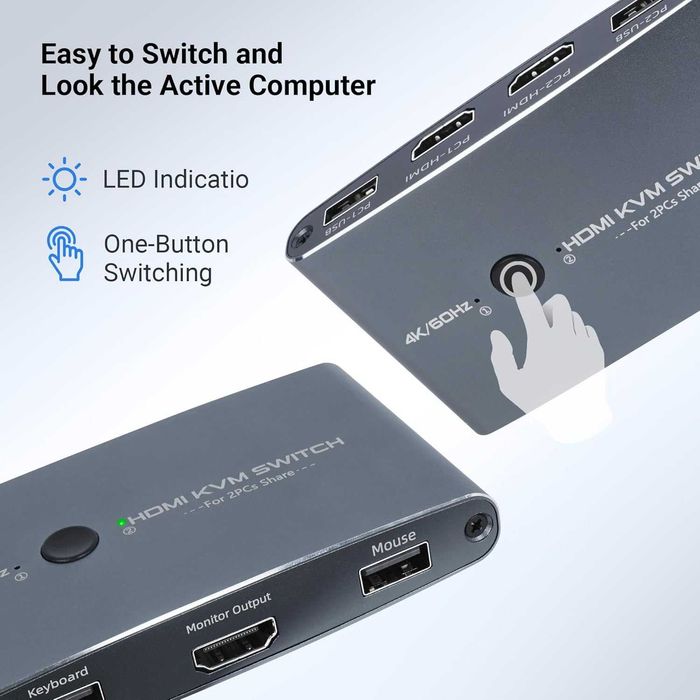 Switch KVM HDMI 4K 60Hz aluminiu conectare 2 PC 1 ecran HD USB