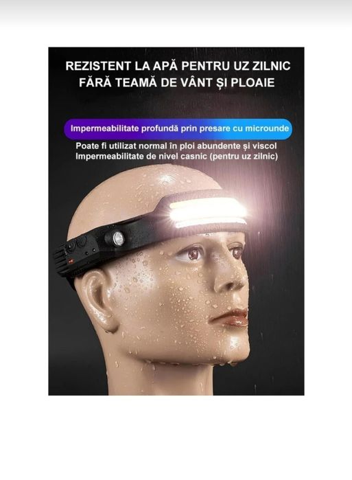 Lanternă frontală LED, 3 benzi LED, baterie 1200mAh, impermeabilă