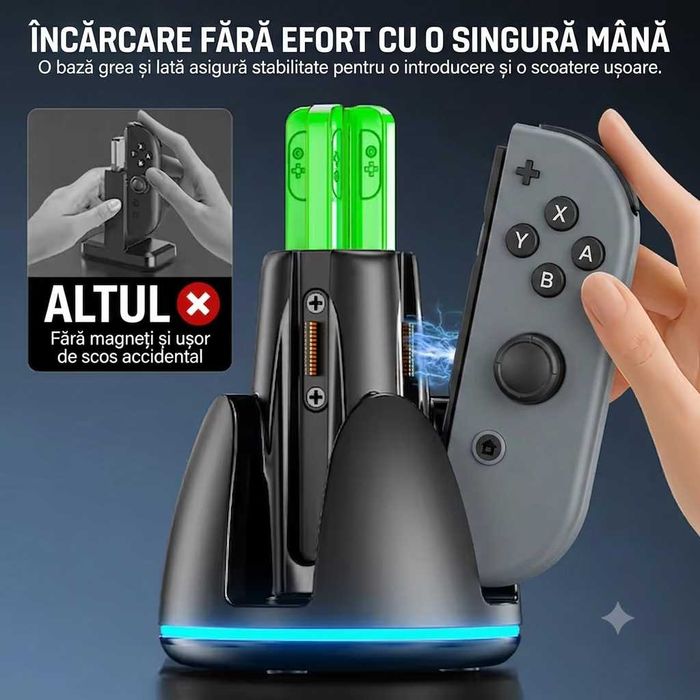 Stand de incărcare pentru controllere Nintendo Switch 2, Iluminare RGB, cablu USB-C inclus, negru