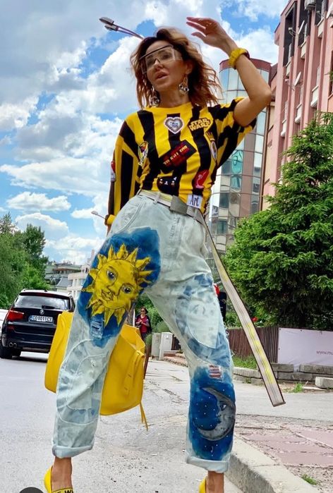 Djofra нови дамски дънки бойфренд ръчно рисувани 30 номер /Л раз