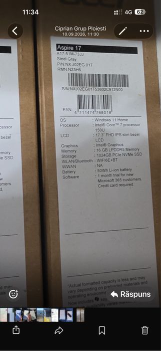 Laptop Acer Aspire 17 A17-51M Core 7 150U 16GB 1TB SSD 17.3” Nou Sigilat