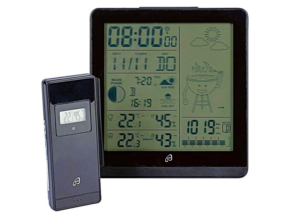STATIE METEO PERFORMANTA, interior exterior, PREMIUM, cu ceas ; de perete sau masa, noptiera ; noua,sigilata, realizat in Germania; multiple functii