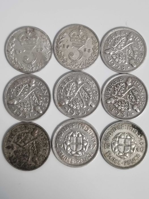 Lot 9 monede Anglia Marea Britanie 9 x 3 pence 1920-1940 argint