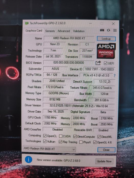 Placa video Asus Rx6600xt 8GB