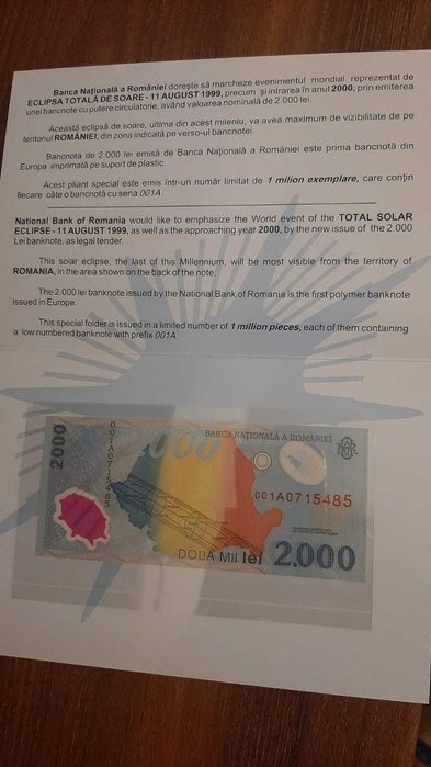 Bancnote 2000 lei Eclipsa Totala de Soare prima serie(001A) din 1999