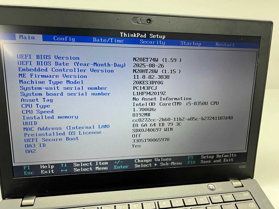 Laptop SH Lenovo Thinkpad x280 i5-8350U 8gb RAM SSD 256gb