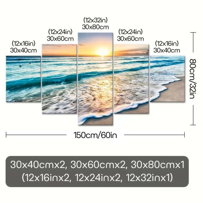 Tablou, Set 5 bucati postere Vedere apus de soare la mare