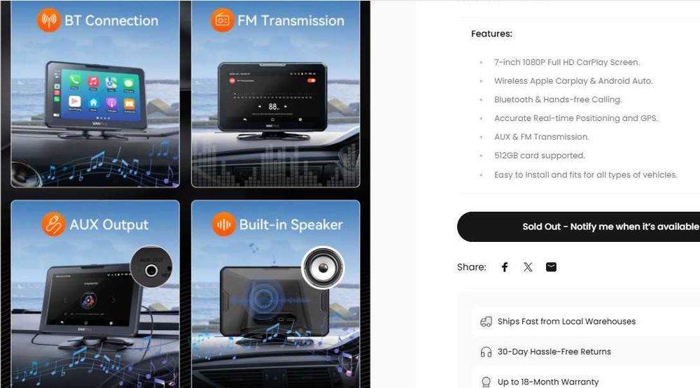 Vantrue Pilot P1 GPS Navigatie 7 inch Android Auto Camera auto