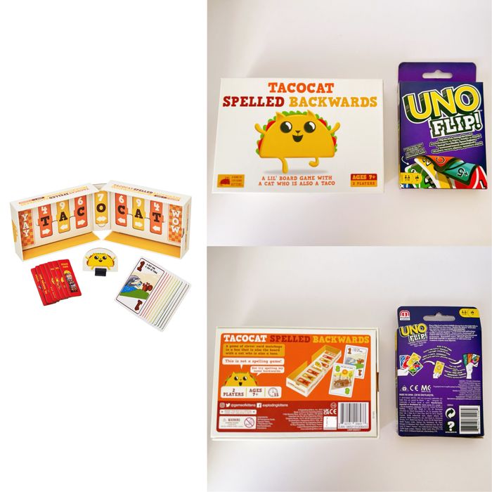 Настолни игри Tacocat spelled backwards и UNO flip експлодиращи котета