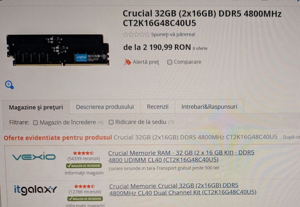 Kit Memorie RAM PC Desktop, Crucial 32Gb (2x16Gb) DDR5 cu garanție
