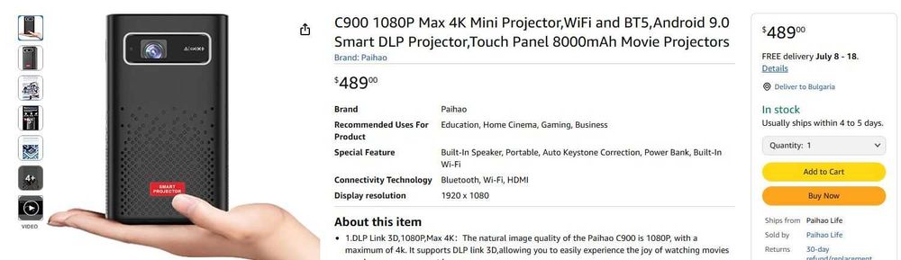 Мини проектор C900 1080P 4K, WiFi и BT5, Android 9 Smart DLP...