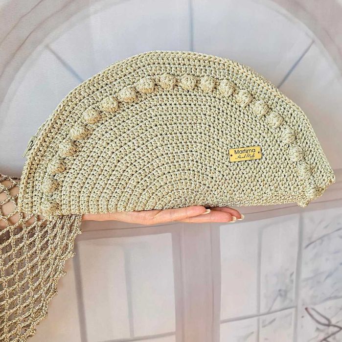 Златна ръчно плетена чанта – Бохо чанта, вечерен клъч, чанта с цип