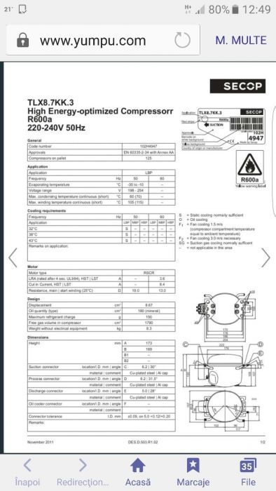 Motor frigider beko ntu170mt 276w danfoss tlx 8.7kk3 r600 nou sigilat