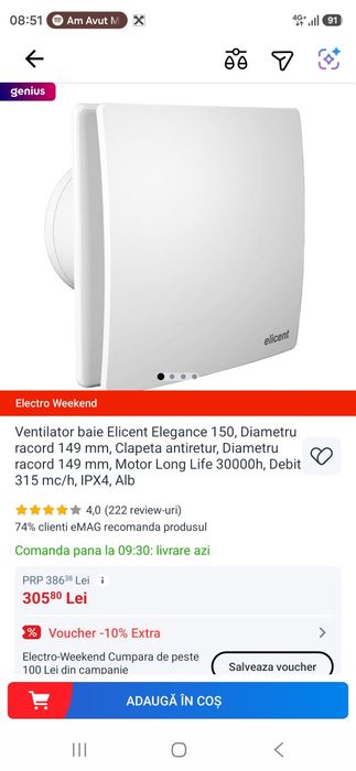 Ventilator baie Elicent Elegance 150, Diametru