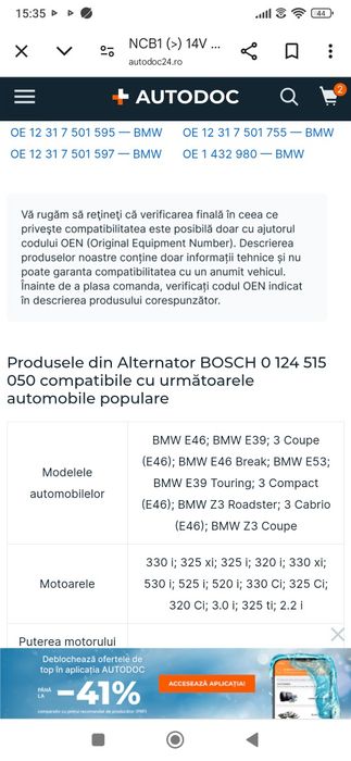 Alternator Bosch cod 0124515050(BMW)