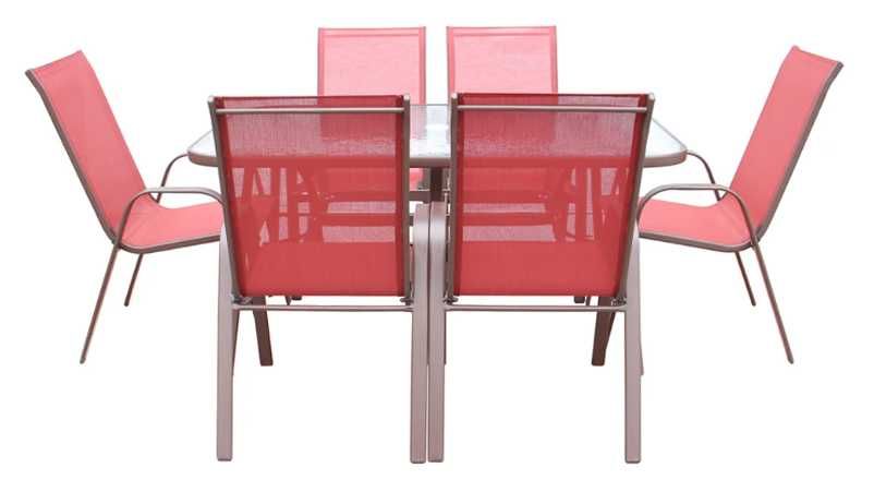 Set terasa / mobilier gradina cu masa fixa, dreptunghiulara, 6 scaune, pentru exterior, metal si textilen, rosu - la jumatate de pret