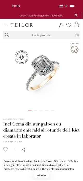 Inel logodnă Teilor diamant emerald 1.18ct aur 14K | certificat IGI