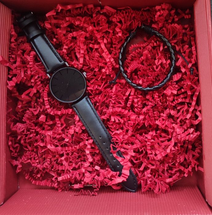 Ceas negru casual + brățară din piele