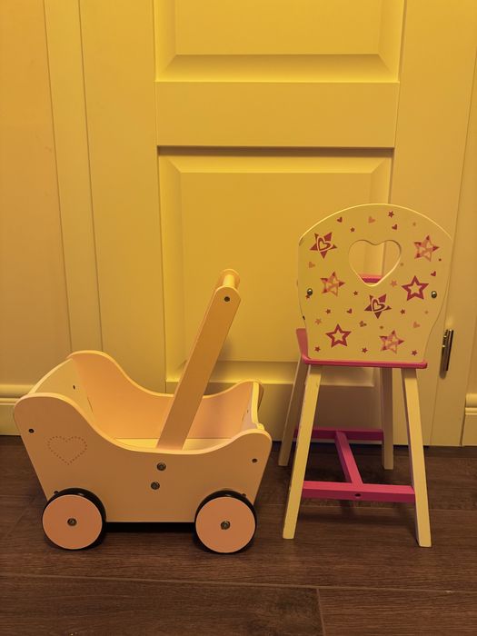 Дървена количка и стол за хранене за кукли