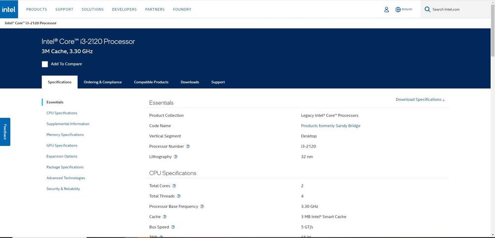 Intel® Core™ i3-2120 Processor 3M Cache, 3.30 GHz
