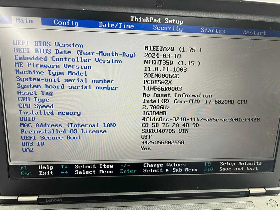 Laptop SH Lenovo P50 incomplet/piese YNC101