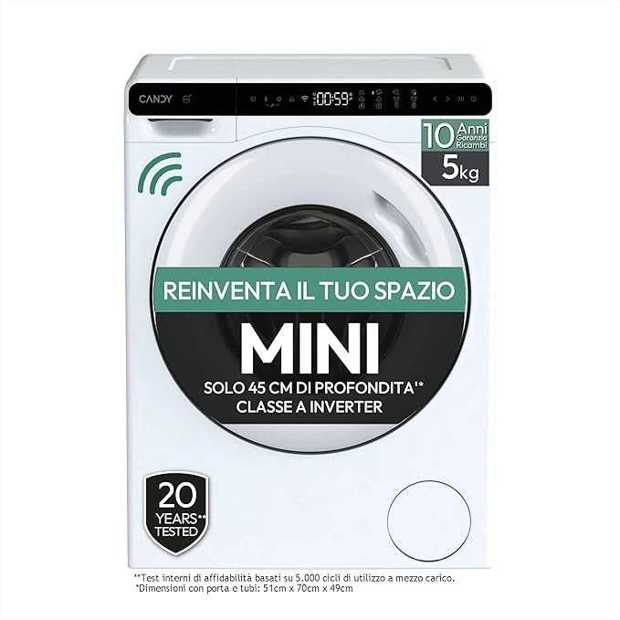 Нова 70 см малка/мини компактна инверторна пералня Candy ProWash 700 Mini CW50-BP12307WU-S  5 кг