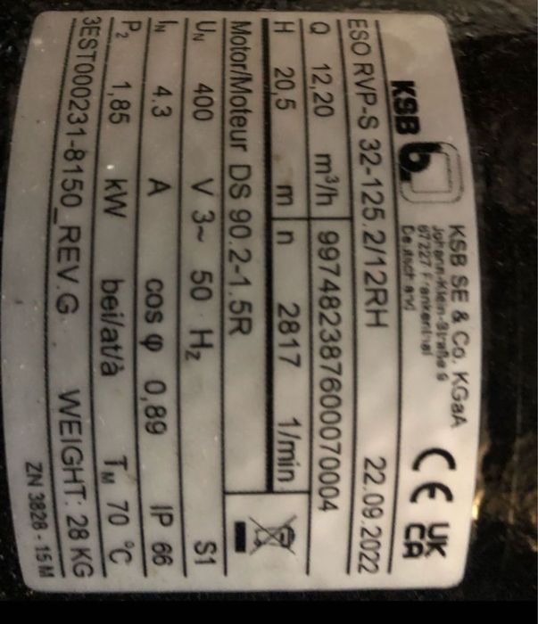 Продавам нова помпа KSB ESO RVP-S 32-125.2/12RH – 1.85 kW