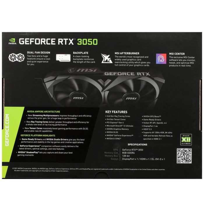Видеокарта MSI - 8GB GeForce RTX3050 VENTUS 2X XS OC