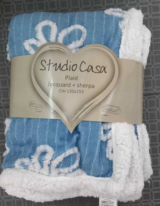 Одеяло Жакард/Шерпа 130х155 см, Синьо-Бял