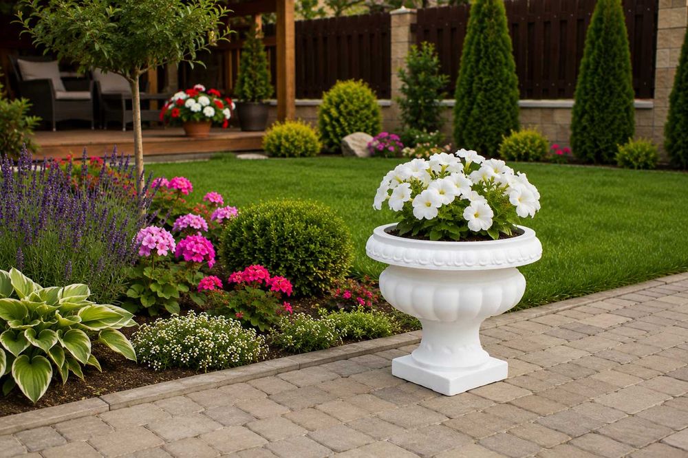 Ghiveci decorativ din ciment alb 39 cm | Jardiniere grădină | Vază exterior