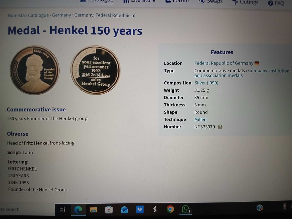 Medalie de Argint Fritz Henkel 1998 Multumire 150 de ani 30g, ag 999