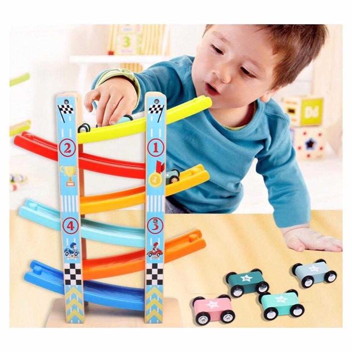 Pista cu 4  masinute, KOMAZI®, traseu cu 6 rampe, multicolor