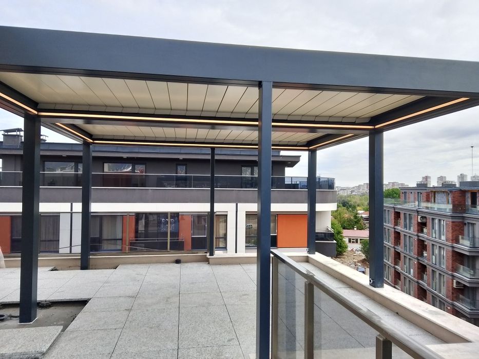 Перголи ,Остъкрения тип плъзгане, ветроупорни завеси, раменни тенти ме