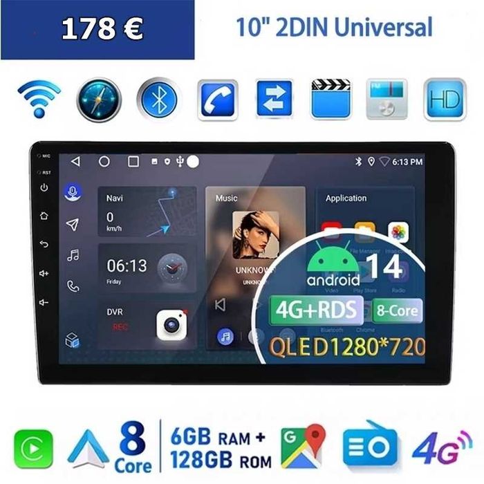 10” 2-DIN мултимедия с Android 14, 4G/LTE, RDS, 6/128GB,