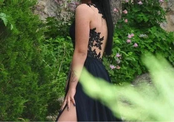 Официална бална рокля с дантела и цепка в турско синьо