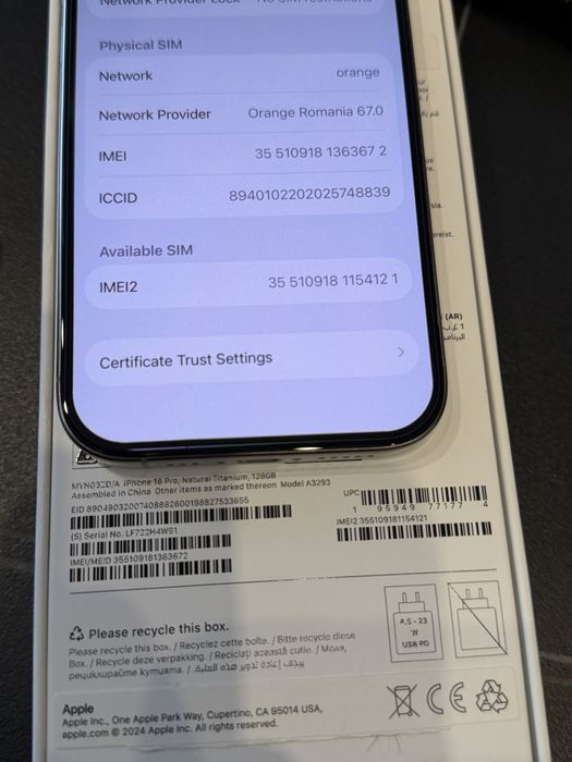 Apple Iphone 16 PRO 128GB Natural Titanium