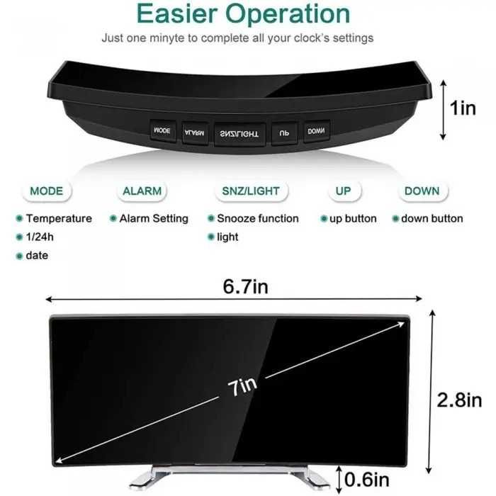 Ceas de Birou Tip Oglinda, Ecran Curbat cu Led, Mod Noapte/Zi, Alarma