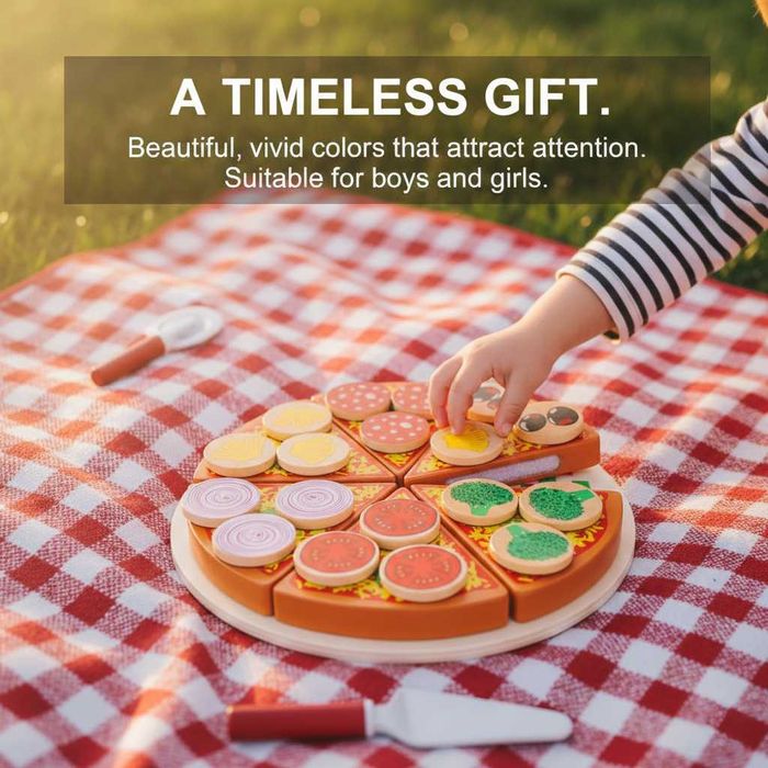 Set pizza din lemn 27 piese jucarie de rol copii cu accesorii si blat