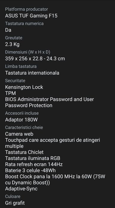 Rezervat: Laptop gaming Asus Tuf F15 FX506HC. I5 gen 11, 16gb rtx 3050, 1tb ssd