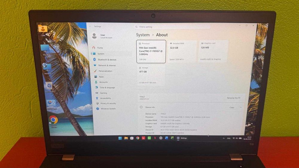 Thinkpad T15 Gen 2i, core I7-1185G7, 32 GB RAM, 512 GB NVME Samsung