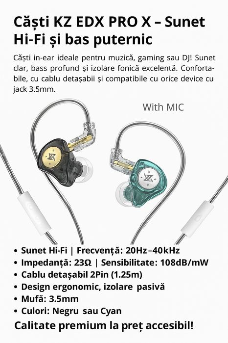 Casti in-ear Hi-Fi KZ EDX PRO X – cablu detasabil 2Pin, jack 3.5mm