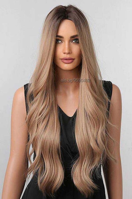 Дълга омбре тъмно руса чуплива перука с тъмни корени