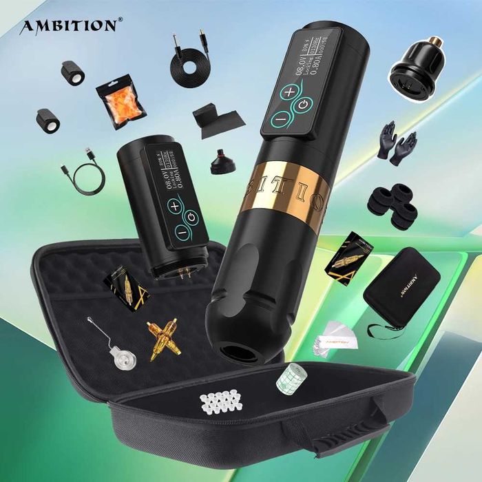 NOU Super Kit Ambition Vibe, aparat de tatuat 2 baterii 20 cartuse etc