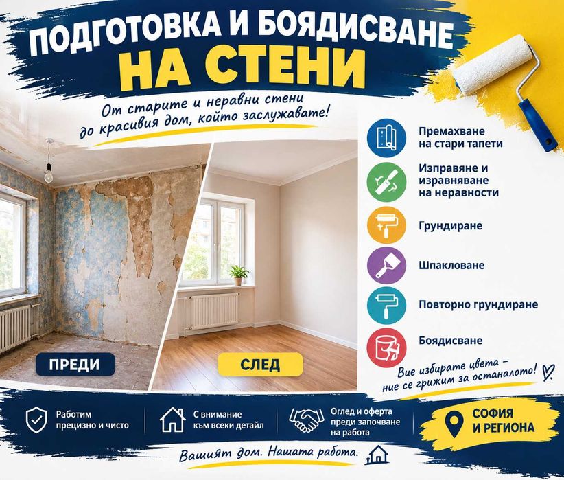 Шпакловка и боядисване на стени | Премахване на тапети | София