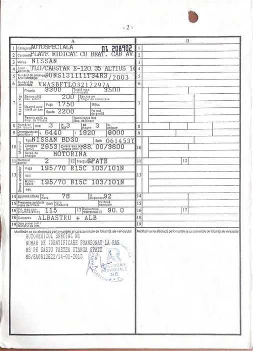 Autospeciala Nacela PRB Nissan Cabstar E 120.35 2003 3.0dCi 120 CP E3, brat Altius 14 cat. B, inmatriculat ofer fiscal