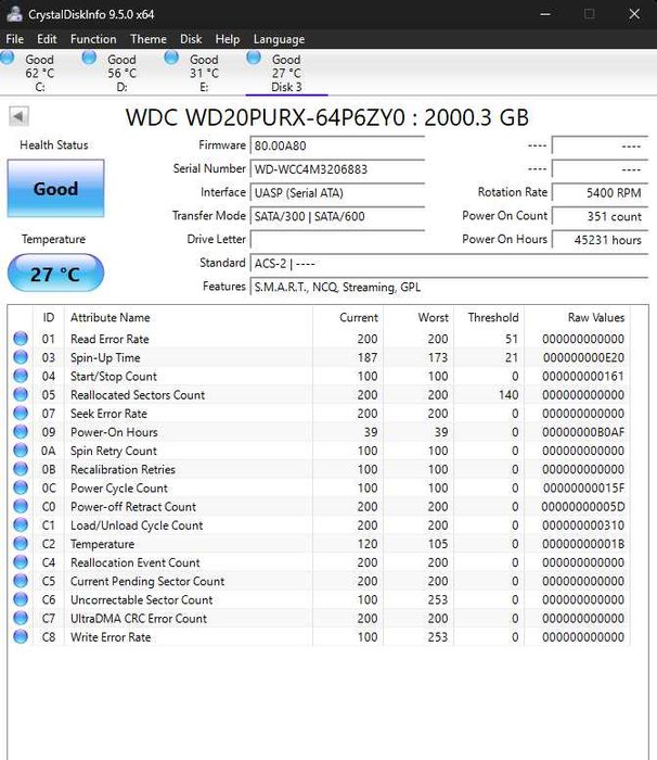 HDD WD Purple 3.5 2TB 5400rpm 64MB SATA3 (WD20PURX)