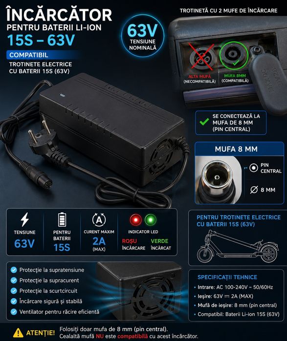 Incarcator adaptor 63 v mufa 8 mm cu pin central nou.