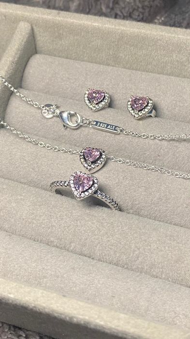 Ofertă! Set Argint PANDORA Roz Inimă S925 – Cercei, Lanț, Inel 54 EU / 7 US