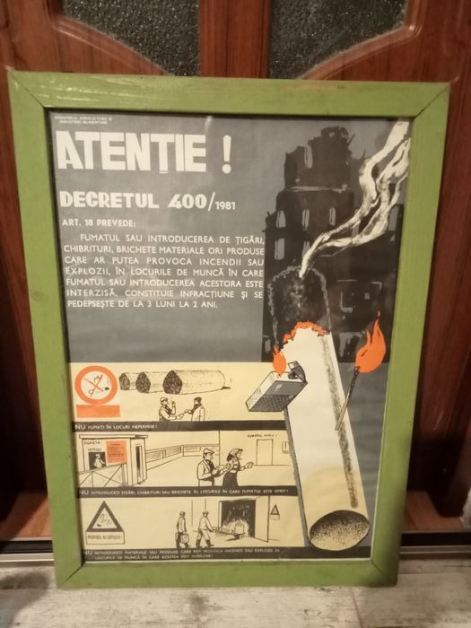 Afiș protectia muncii,înrămat ,decretul 400 din 1981,vechi de colectie