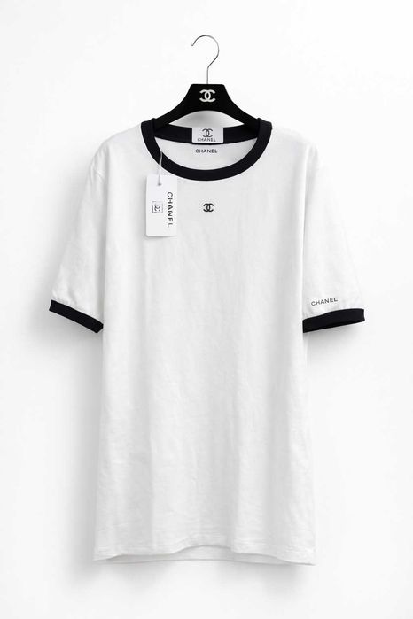 бяла тениска шанел с черно къс ръкав chanel нова памук блуза топ